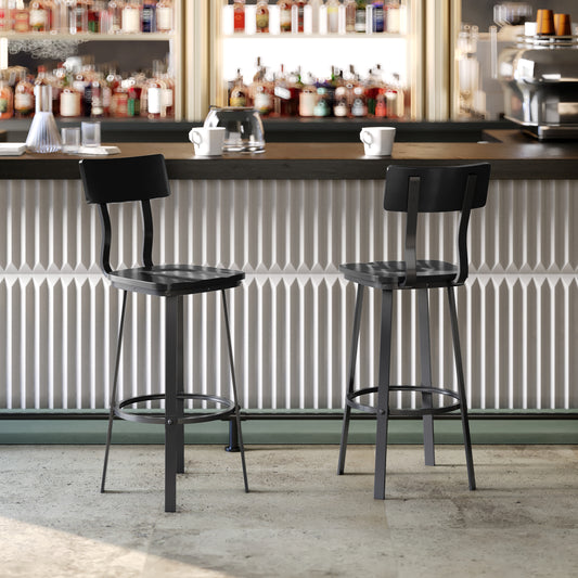 Flint Series Commercial Grade Black Restaurant Barstool with Wood Seat & Back and Black Powder Coat Frame Black