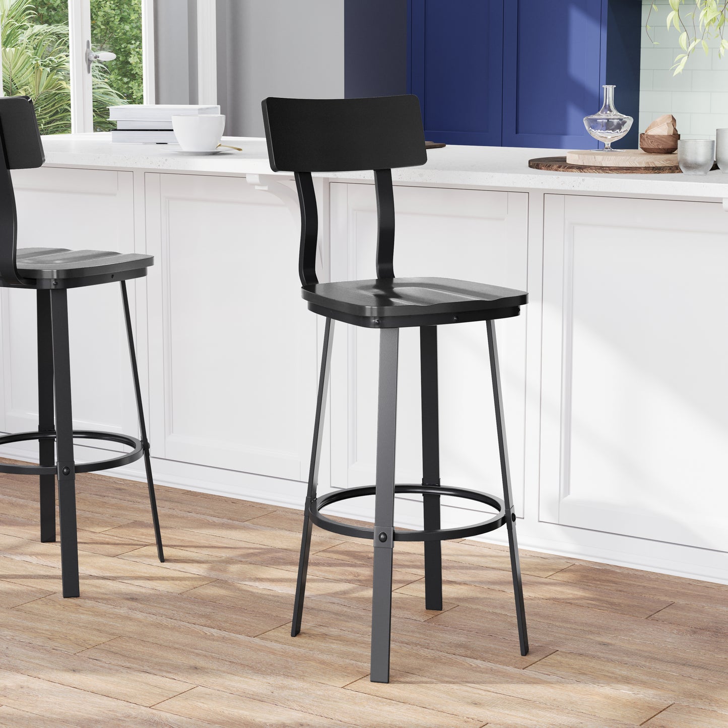Flint Series Commercial Grade Black Restaurant Barstool with Wood Seat & Back and Black Powder Coat Frame Black