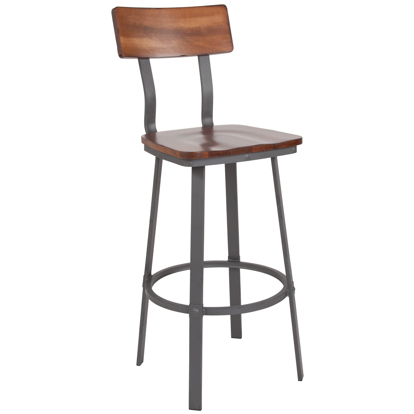 Flint Series Rustic Walnut Restaurant Barstool with Wood Seat & Back and Gray Powder Coat Frame Rustic Walnut