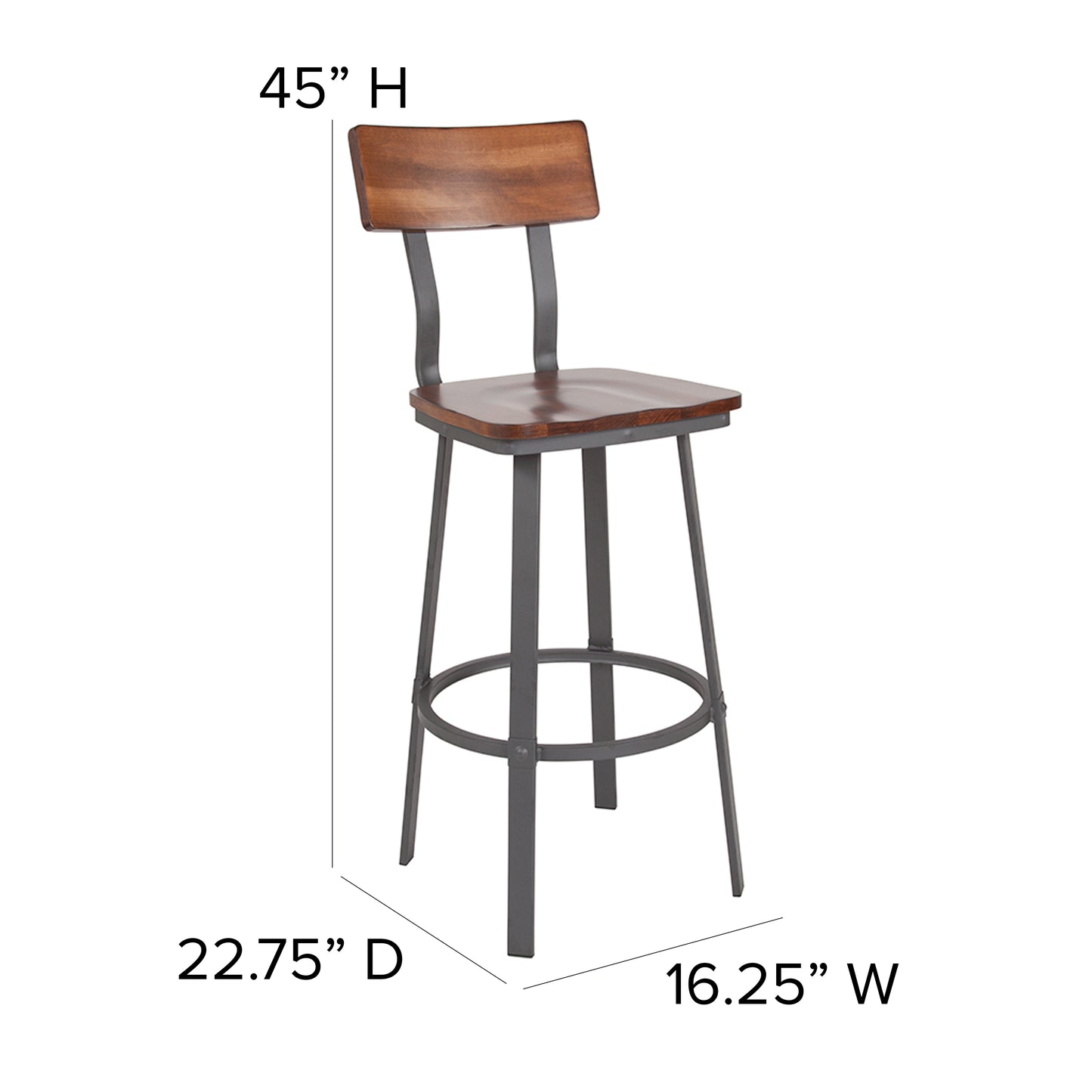 Flint Series Rustic Walnut Restaurant Barstool with Wood Seat & Back and Gray Powder Coat Frame Rustic Walnut