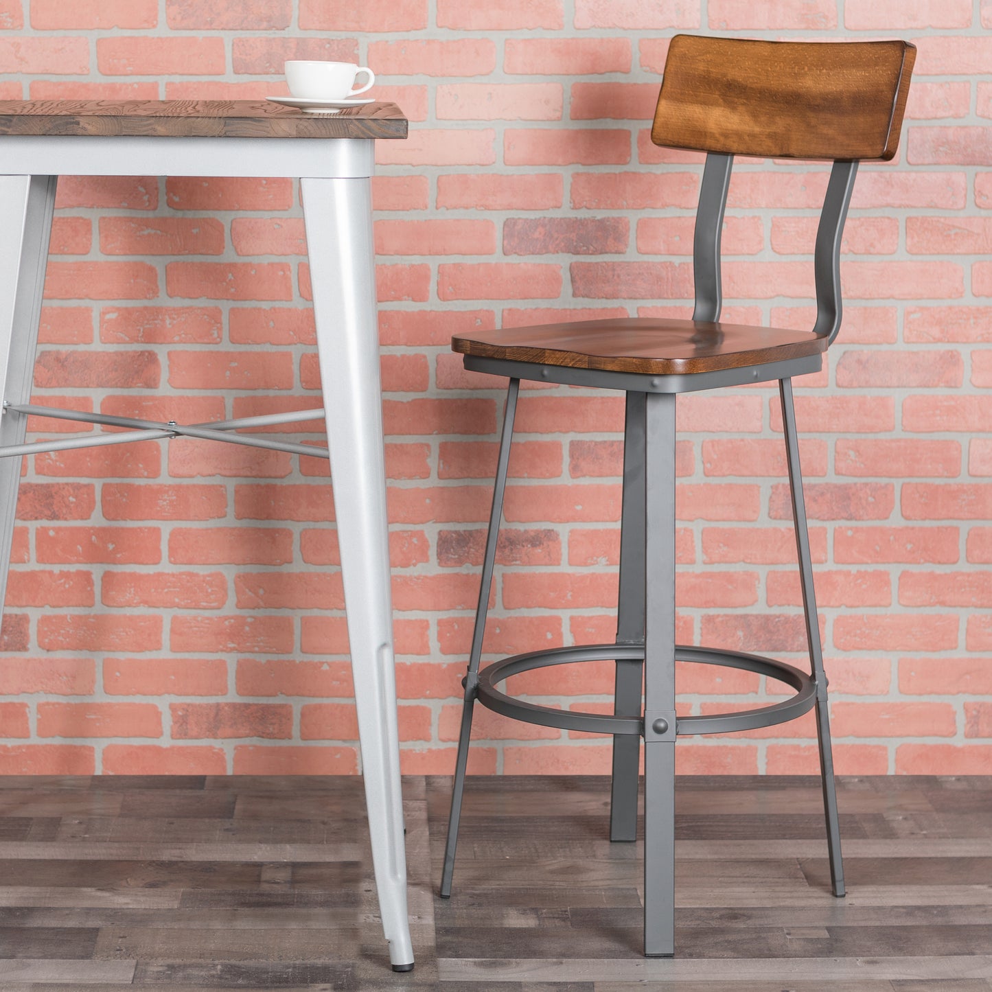 Flint Series Rustic Walnut Restaurant Barstool with Wood Seat & Back and Gray Powder Coat Frame Rustic Walnut