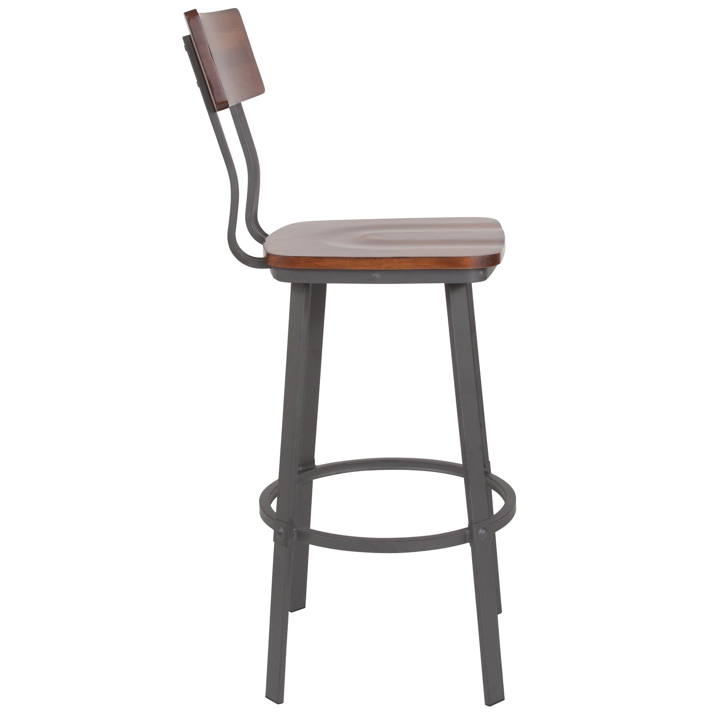 Flint Series Rustic Walnut Restaurant Barstool with Wood Seat & Back and Gray Powder Coat Frame Rustic Walnut