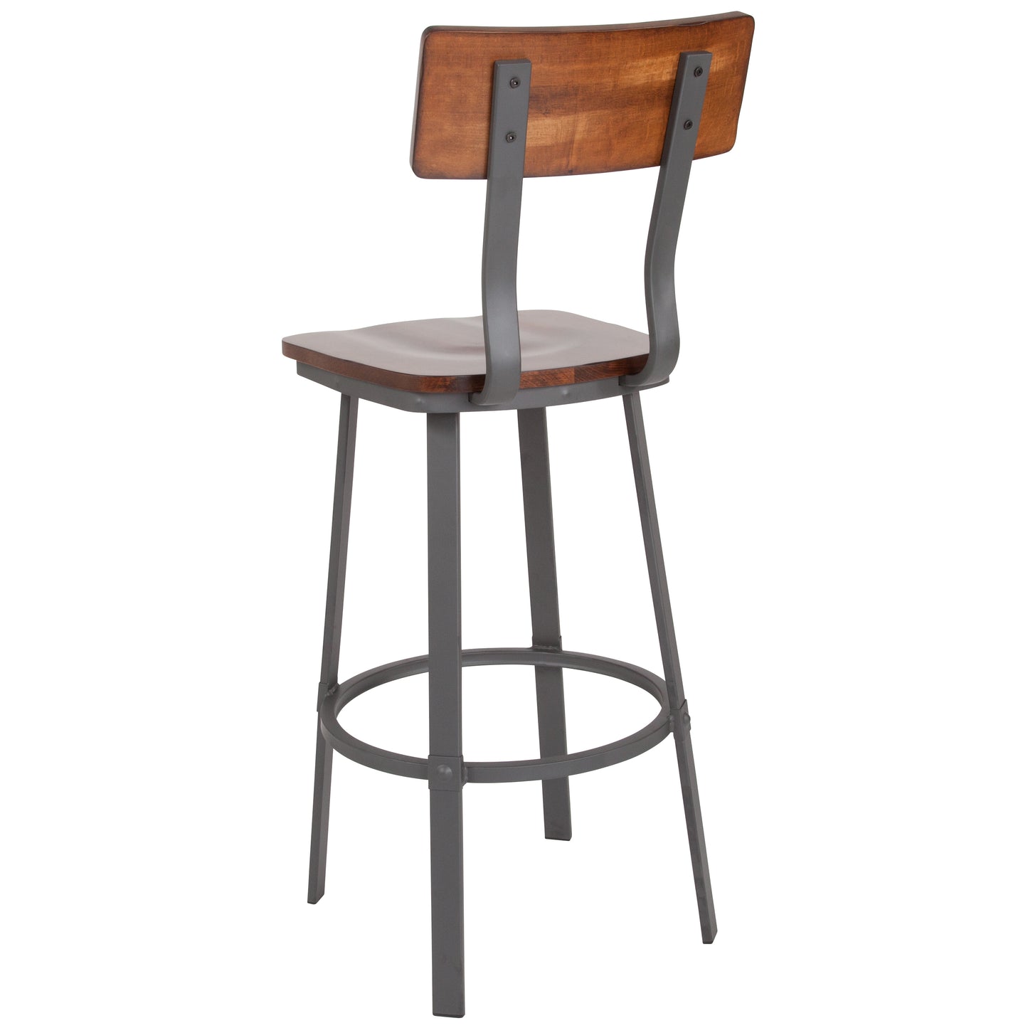 Flint Series Rustic Walnut Restaurant Barstool with Wood Seat & Back and Gray Powder Coat Frame Rustic Walnut