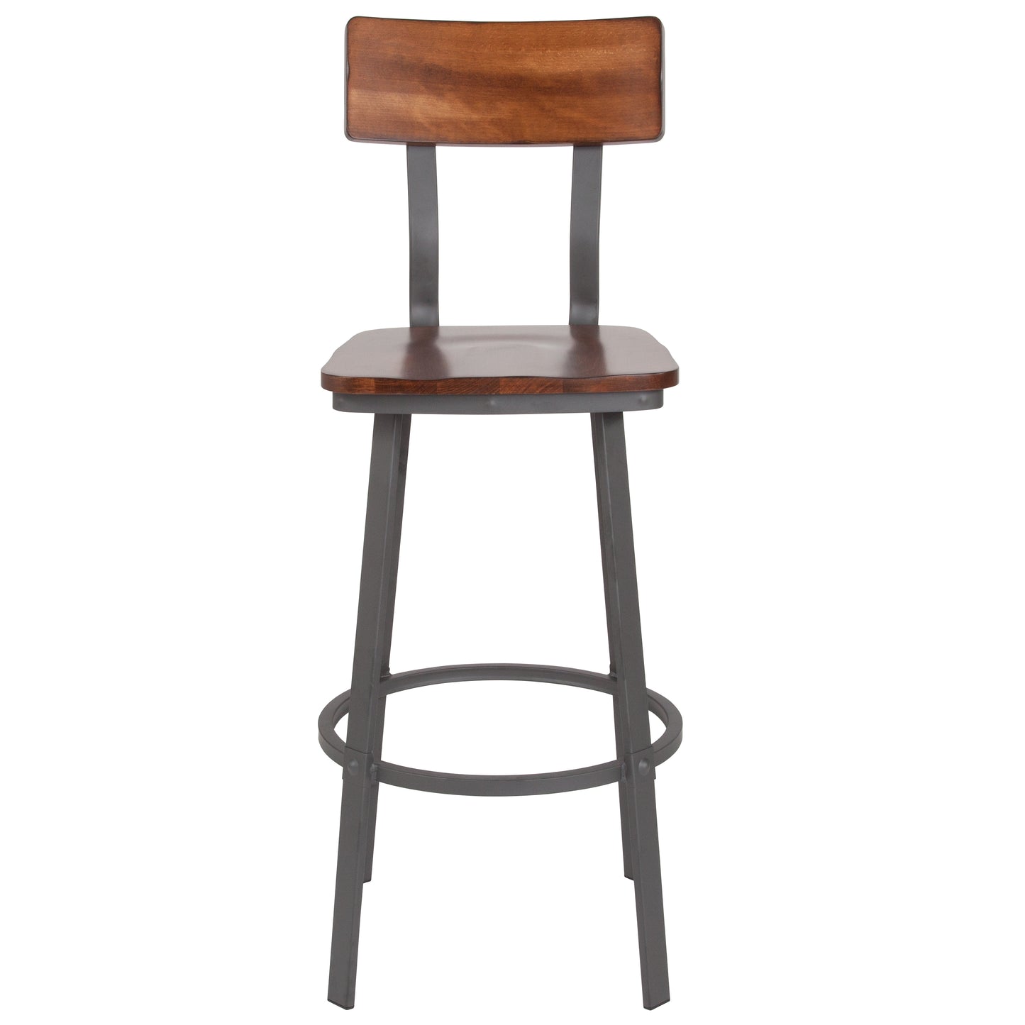 Flint Series Rustic Walnut Restaurant Barstool with Wood Seat & Back and Gray Powder Coat Frame Rustic Walnut