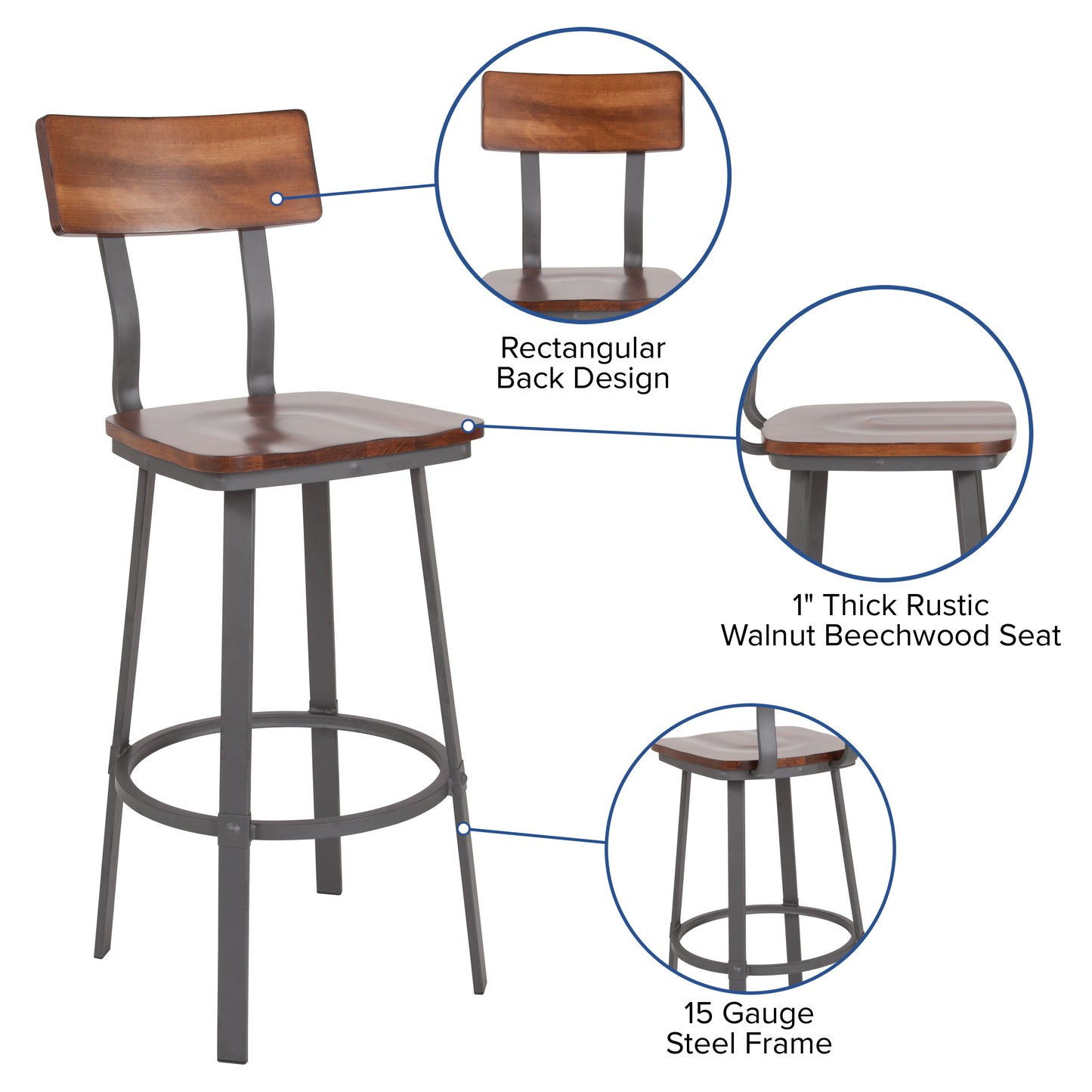 Flint Series Rustic Walnut Restaurant Barstool with Wood Seat & Back and Gray Powder Coat Frame Rustic Walnut