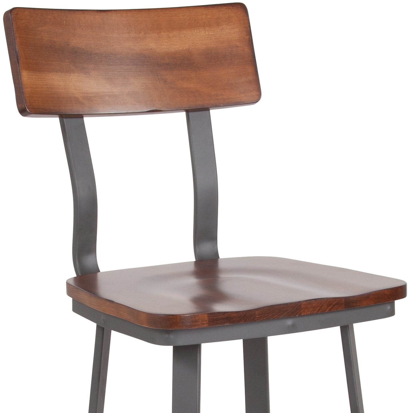 Flint Series Rustic Walnut Restaurant Barstool with Wood Seat & Back and Gray Powder Coat Frame Rustic Walnut