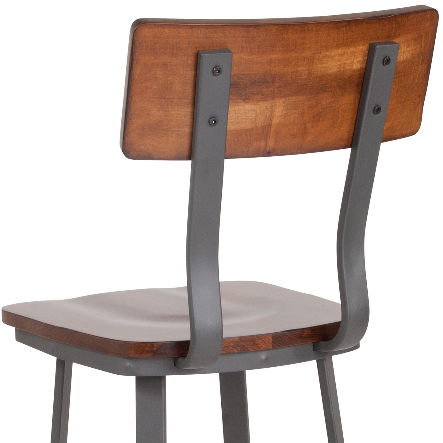 Flint Series Rustic Walnut Restaurant Barstool with Wood Seat & Back and Gray Powder Coat Frame Rustic Walnut