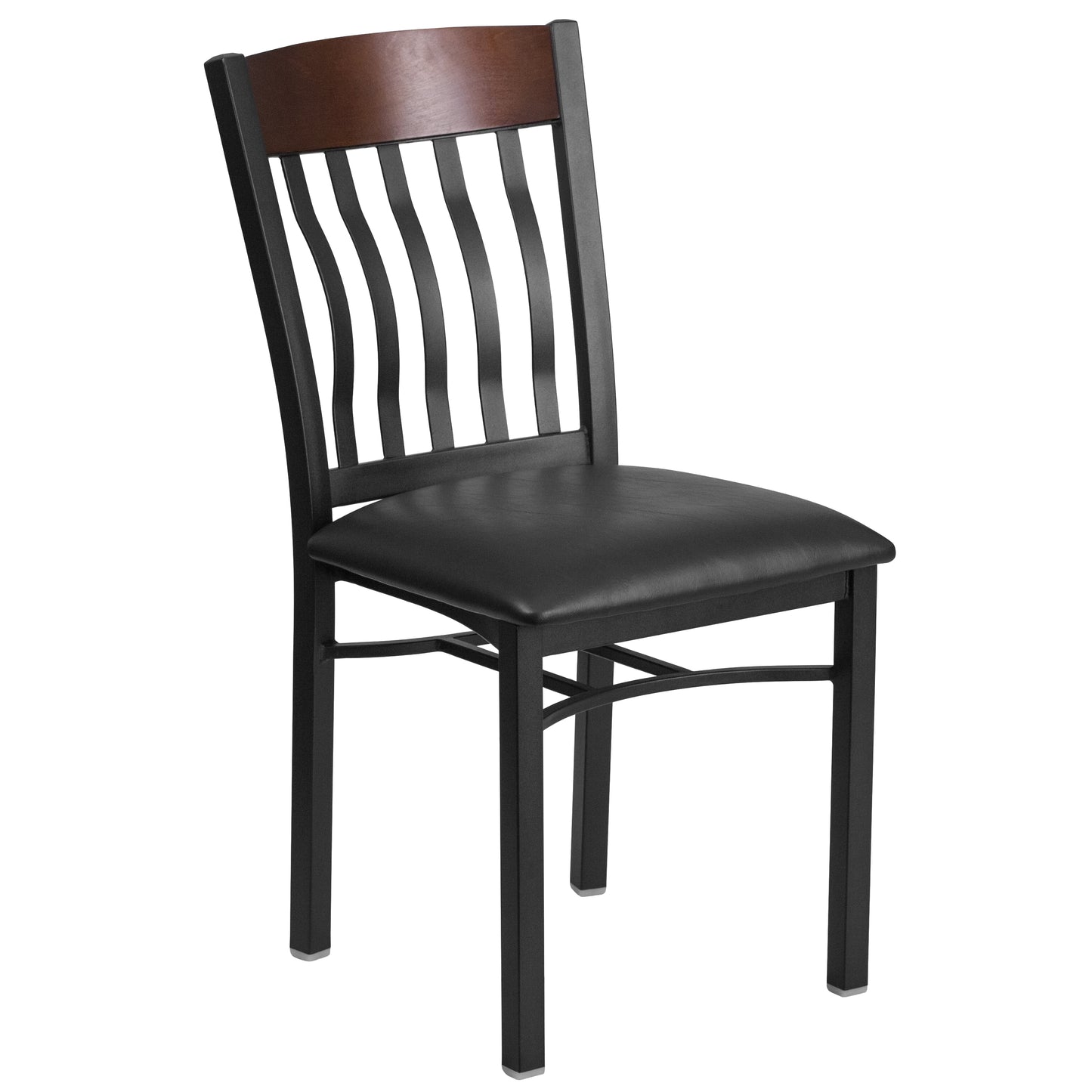 Eclipse Series Vertical Back Black Metal and Walnut Wood Restaurant Chair with Black Vinyl Seat Walnut