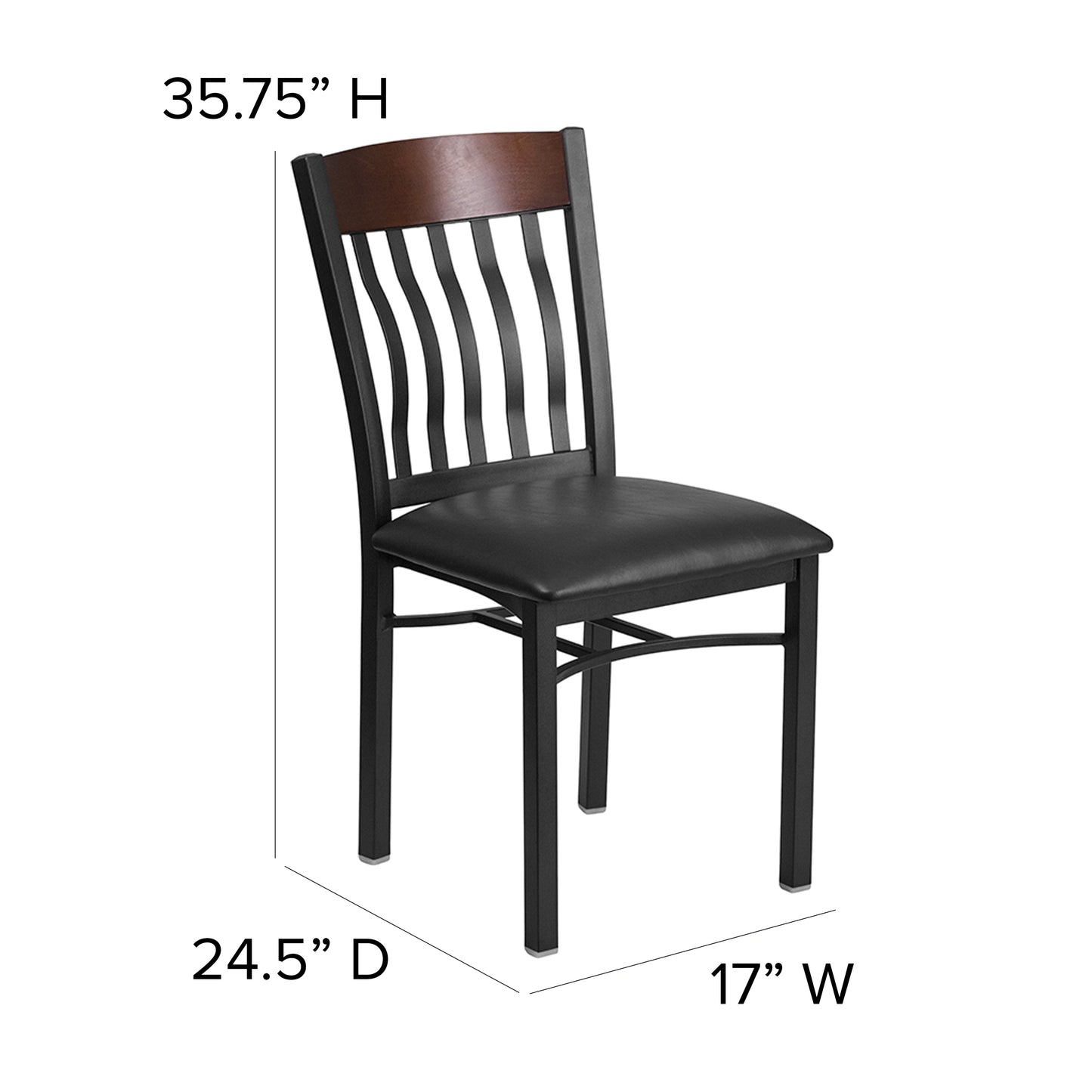 Eclipse Series Vertical Back Black Metal and Walnut Wood Restaurant Chair with Black Vinyl Seat Walnut