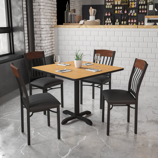 Eclipse Series Vertical Back Black Metal and Walnut Wood Restaurant Chair with Black Vinyl Seat Walnut