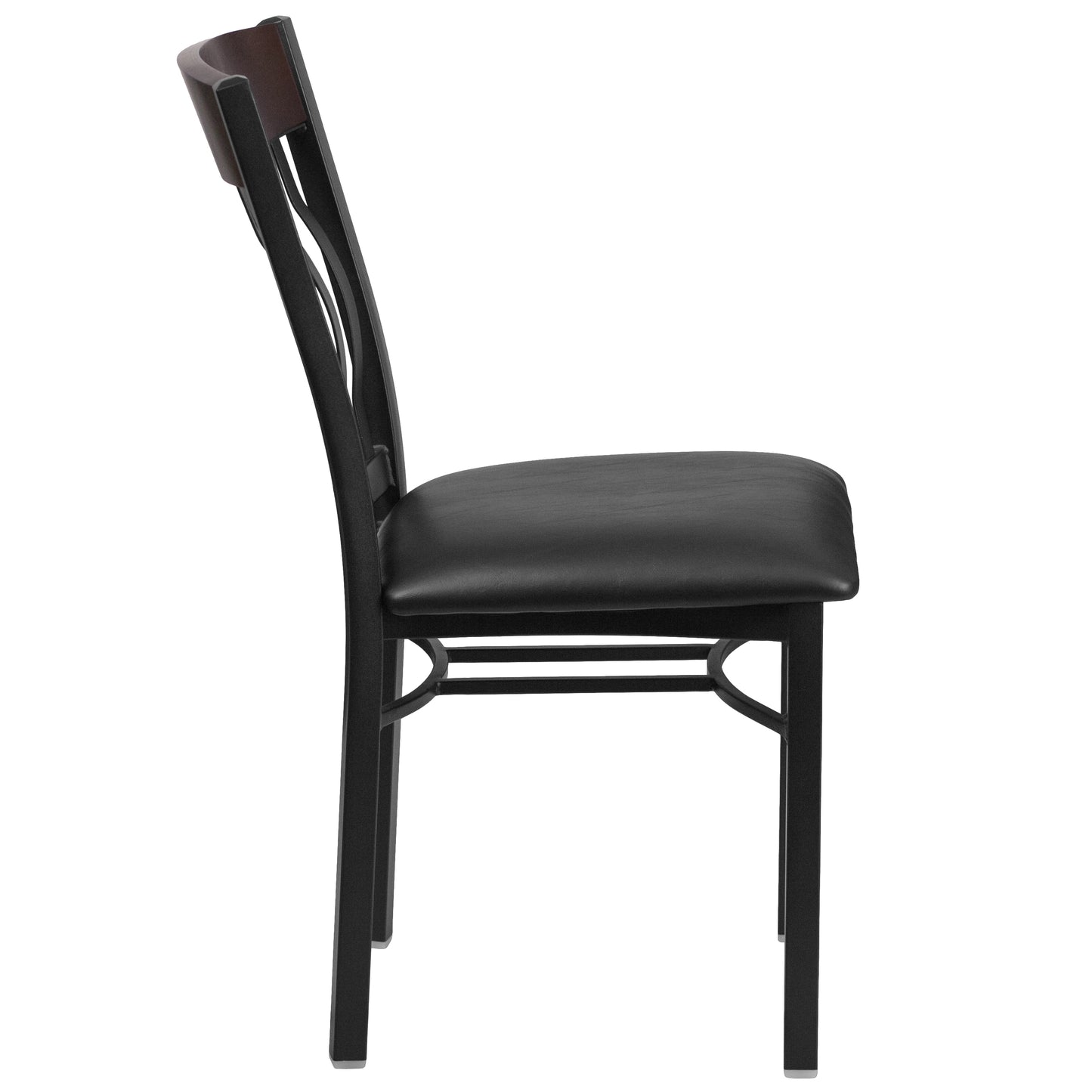 Eclipse Series Vertical Back Black Metal and Walnut Wood Restaurant Chair with Black Vinyl Seat Walnut