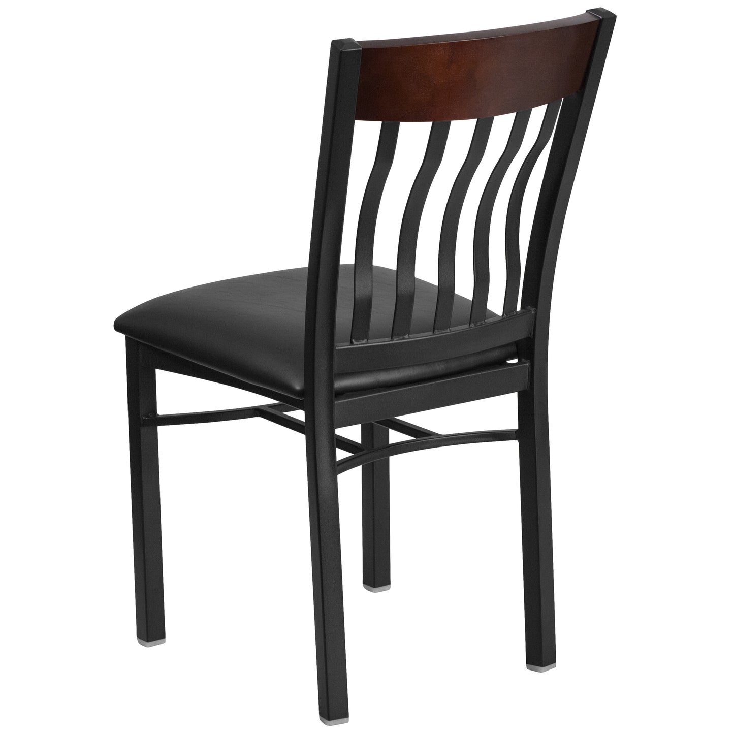 Eclipse Series Vertical Back Black Metal and Walnut Wood Restaurant Chair with Black Vinyl Seat Walnut