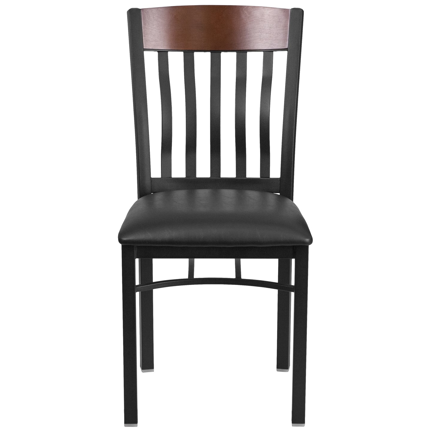 Eclipse Series Vertical Back Black Metal and Walnut Wood Restaurant Chair with Black Vinyl Seat Walnut