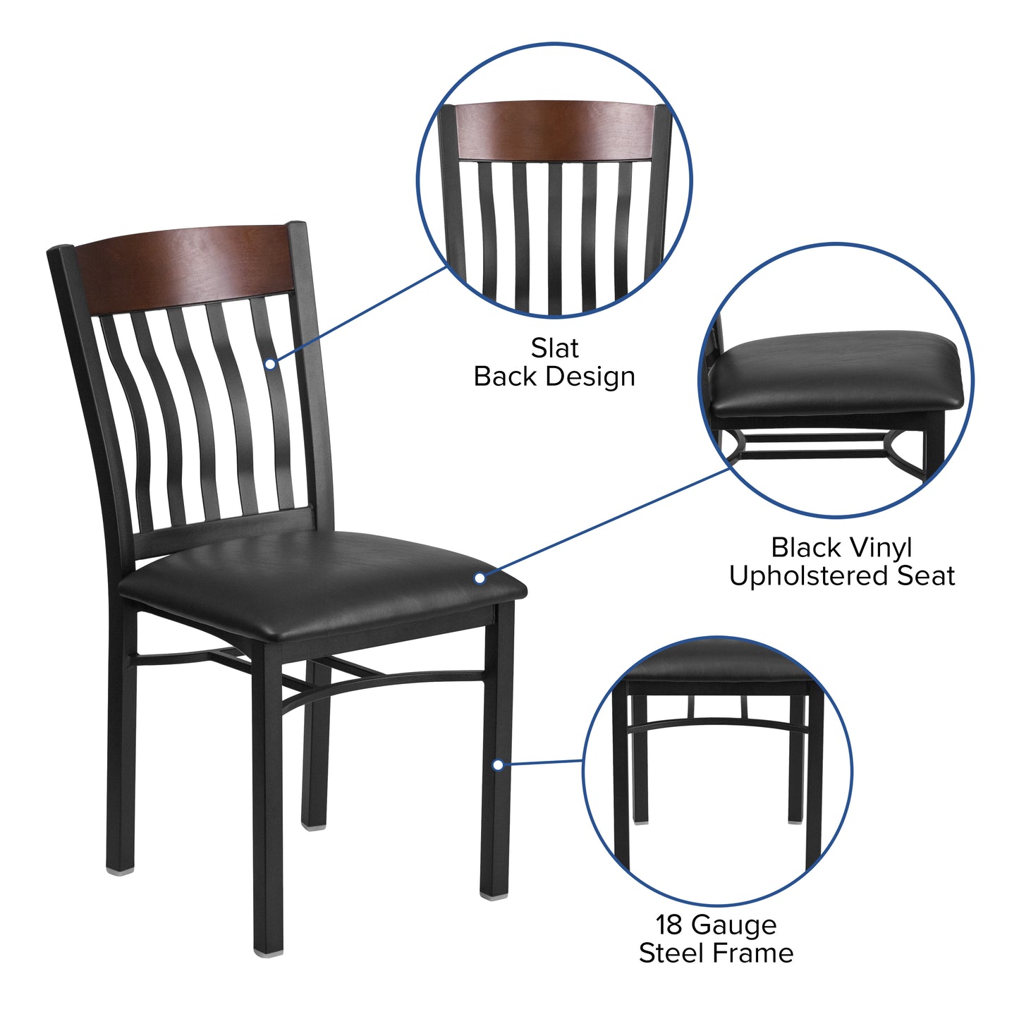 Eclipse Series Vertical Back Black Metal and Walnut Wood Restaurant Chair with Black Vinyl Seat Walnut