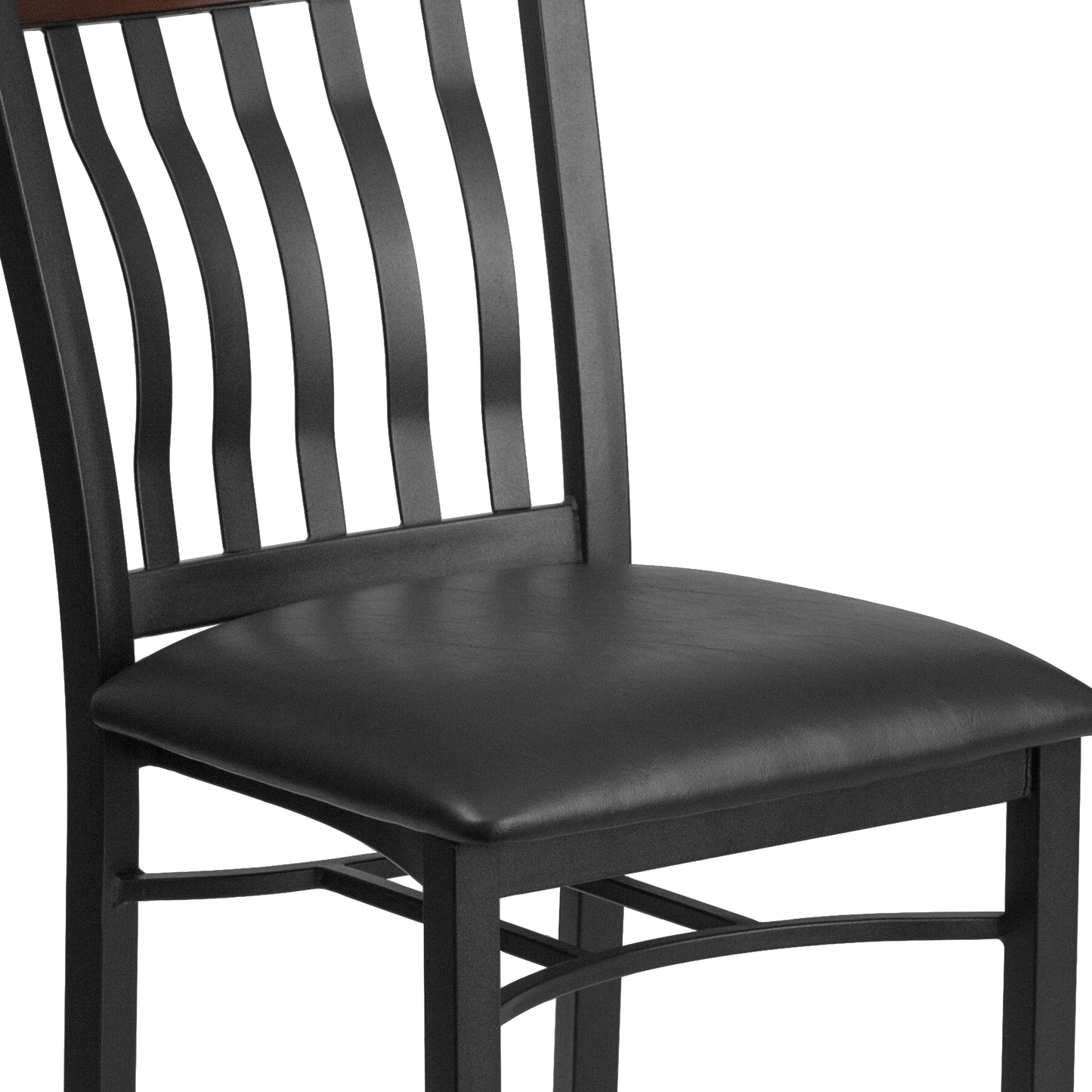 Eclipse Series Vertical Back Black Metal and Walnut Wood Restaurant Chair with Black Vinyl Seat Walnut
