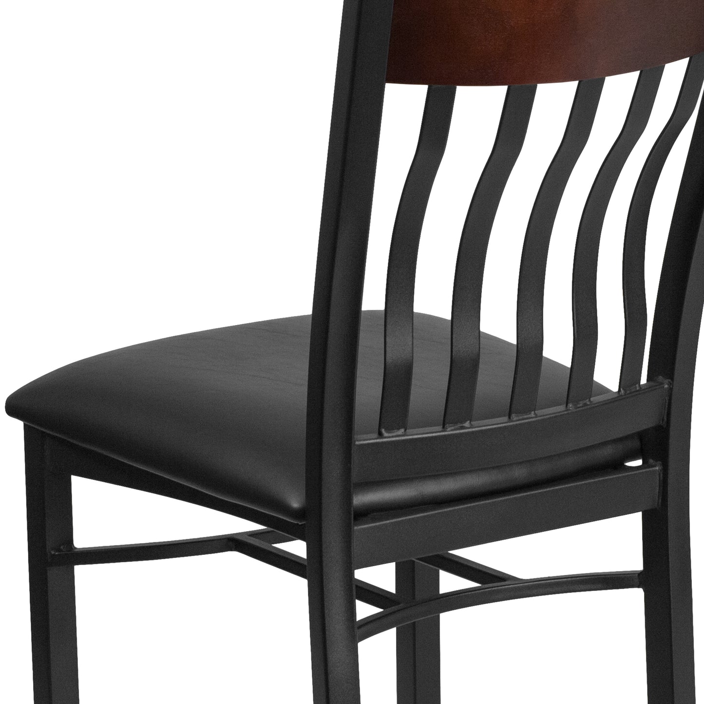 Eclipse Series Vertical Back Black Metal and Walnut Wood Restaurant Chair with Black Vinyl Seat Walnut