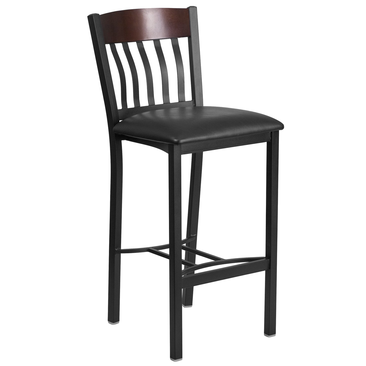 Eclipse Series Vertical Back Black Metal and Walnut Wood Restaurant Barstool with Black Vinyl Seat Walnut