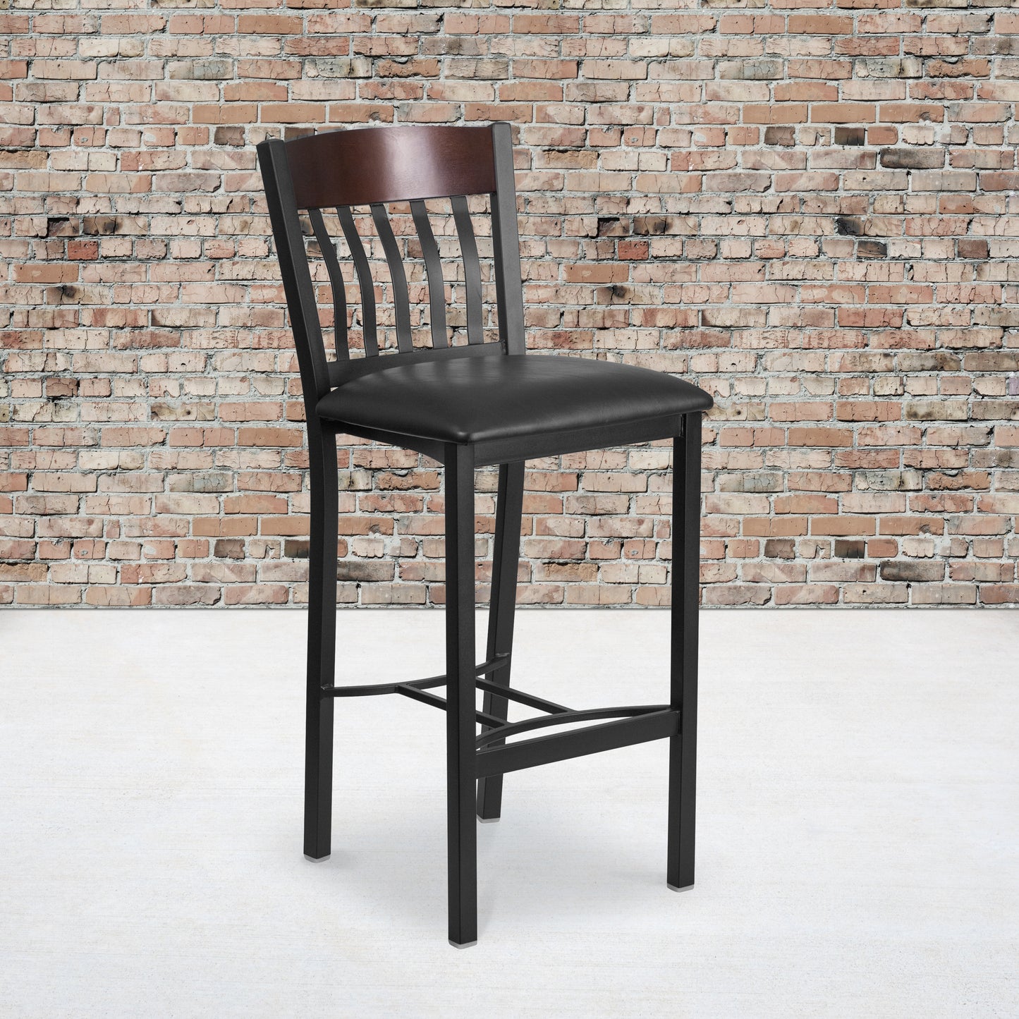 Eclipse Series Vertical Back Black Metal and Walnut Wood Restaurant Barstool with Black Vinyl Seat Walnut