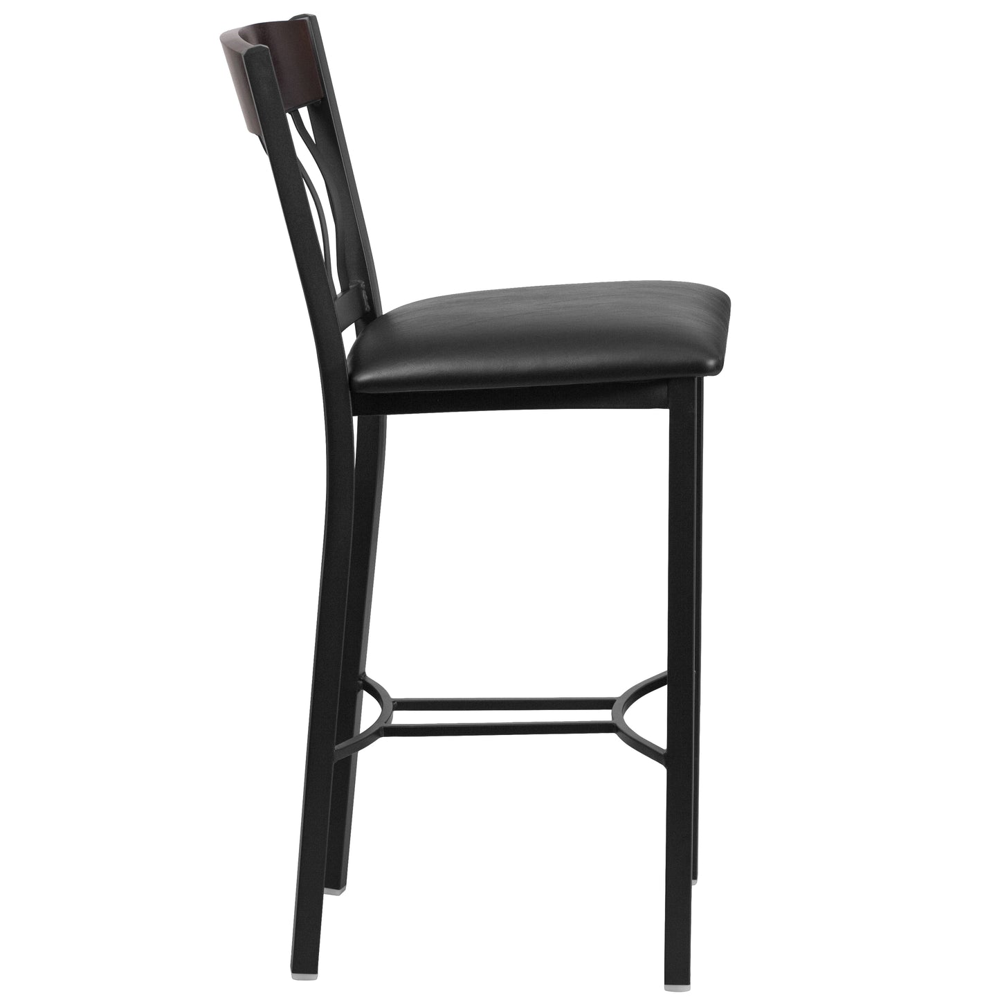 Eclipse Series Vertical Back Black Metal and Walnut Wood Restaurant Barstool with Black Vinyl Seat Walnut
