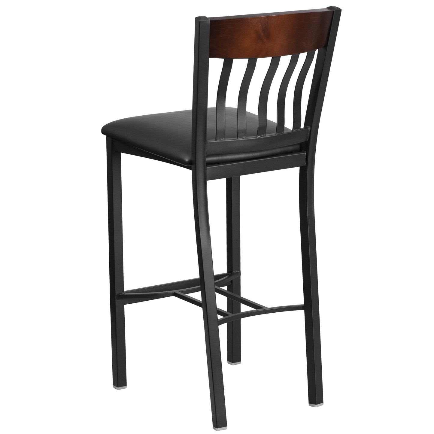 Eclipse Series Vertical Back Black Metal and Walnut Wood Restaurant Barstool with Black Vinyl Seat Walnut