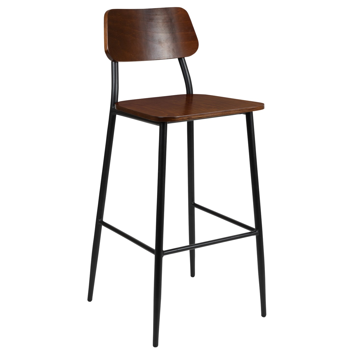 Lincoln Industrial Barstool with Gunmetal Steel Frame and Rustic Wood Seat Mahogany