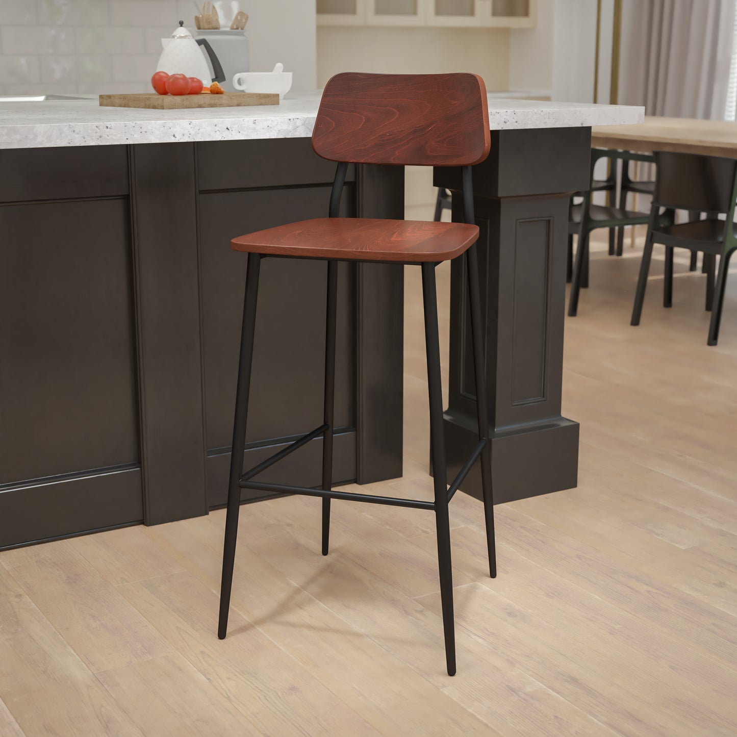 Lincoln Industrial Barstool with Gunmetal Steel Frame and Rustic Wood Seat Mahogany