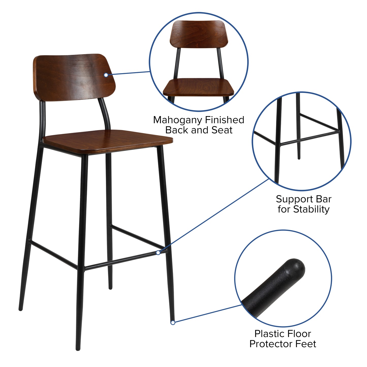 Lincoln Industrial Barstool with Gunmetal Steel Frame and Rustic Wood Seat Mahogany