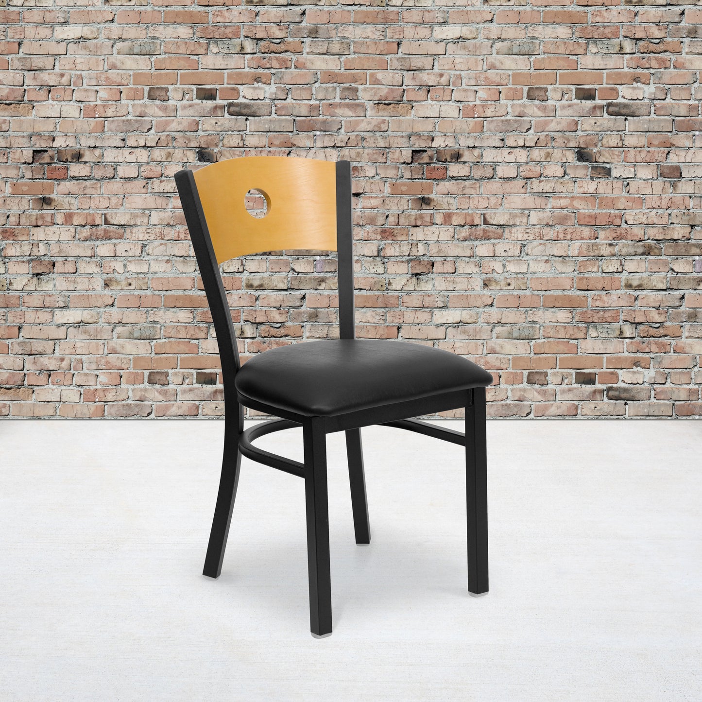 HERCULES Series Black Circle Back Metal Restaurant Chair - Natural Wood Back, Black Vinyl Seat Natural Wood Back/Black Vinyl Seat/Black Metal Frame XU-DG-6F2B-CIR-BLKV-GG