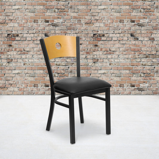 HERCULES Series Black Circle Back Metal Restaurant Chair - Natural Wood Back, Black Vinyl Seat Natural Wood Back/Black Vinyl Seat/Black Metal Frame