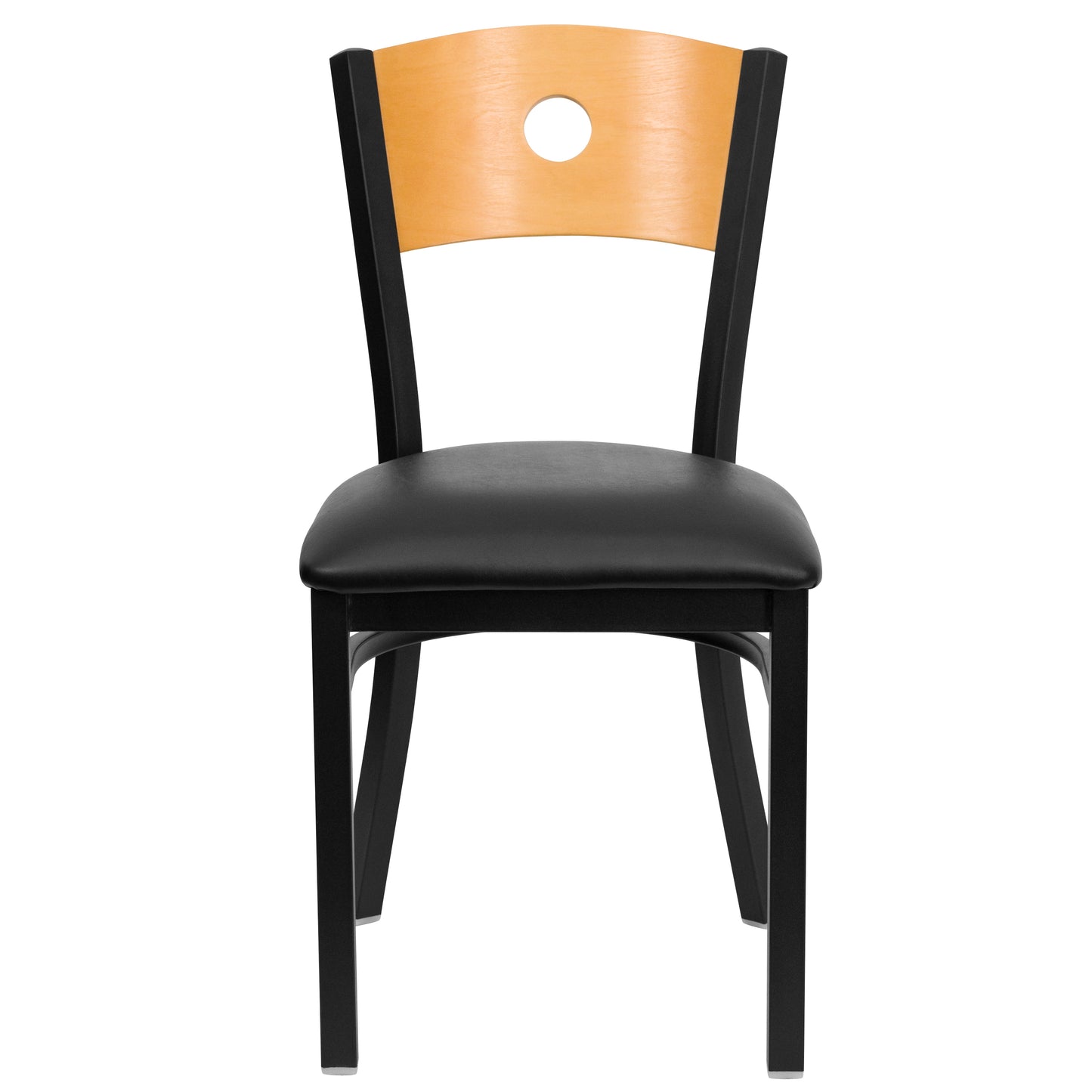 HERCULES Series Black Circle Back Metal Restaurant Chair - Natural Wood Back, Black Vinyl Seat Natural Wood Back/Black Vinyl Seat/Black Metal Frame XU-DG-6F2B-CIR-BLKV-GG
