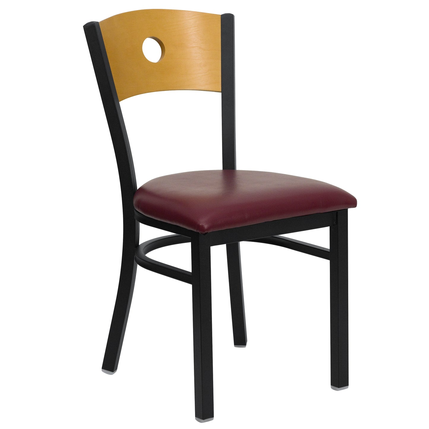 HERCULES Series Black Circle Back Metal Restaurant Chair - Natural Wood Back, Burgundy Vinyl Seat Natural Wood Back/Burgundy Vinyl Seat/Black Metal Frame