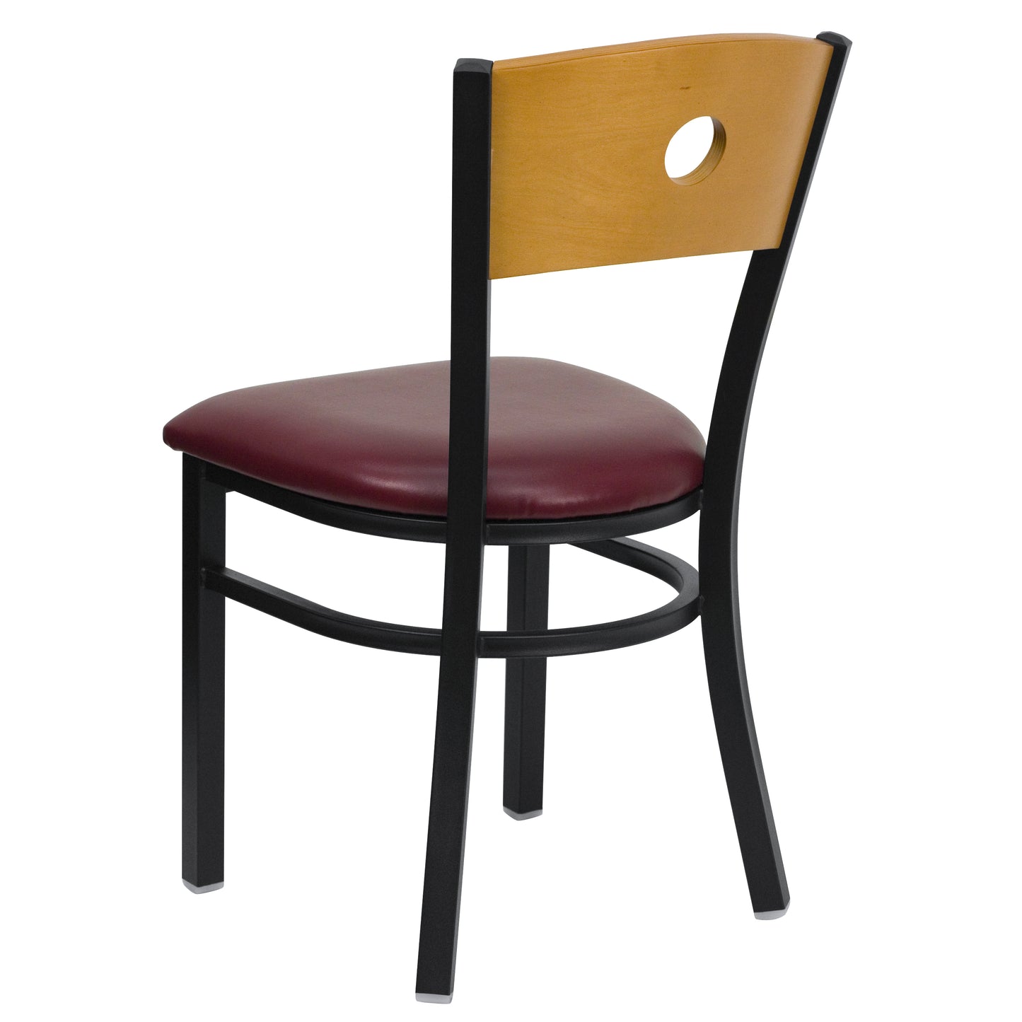 HERCULES Series Black Circle Back Metal Restaurant Chair - Natural Wood Back, Burgundy Vinyl Seat Natural Wood Back/Burgundy Vinyl Seat/Black Metal Frame