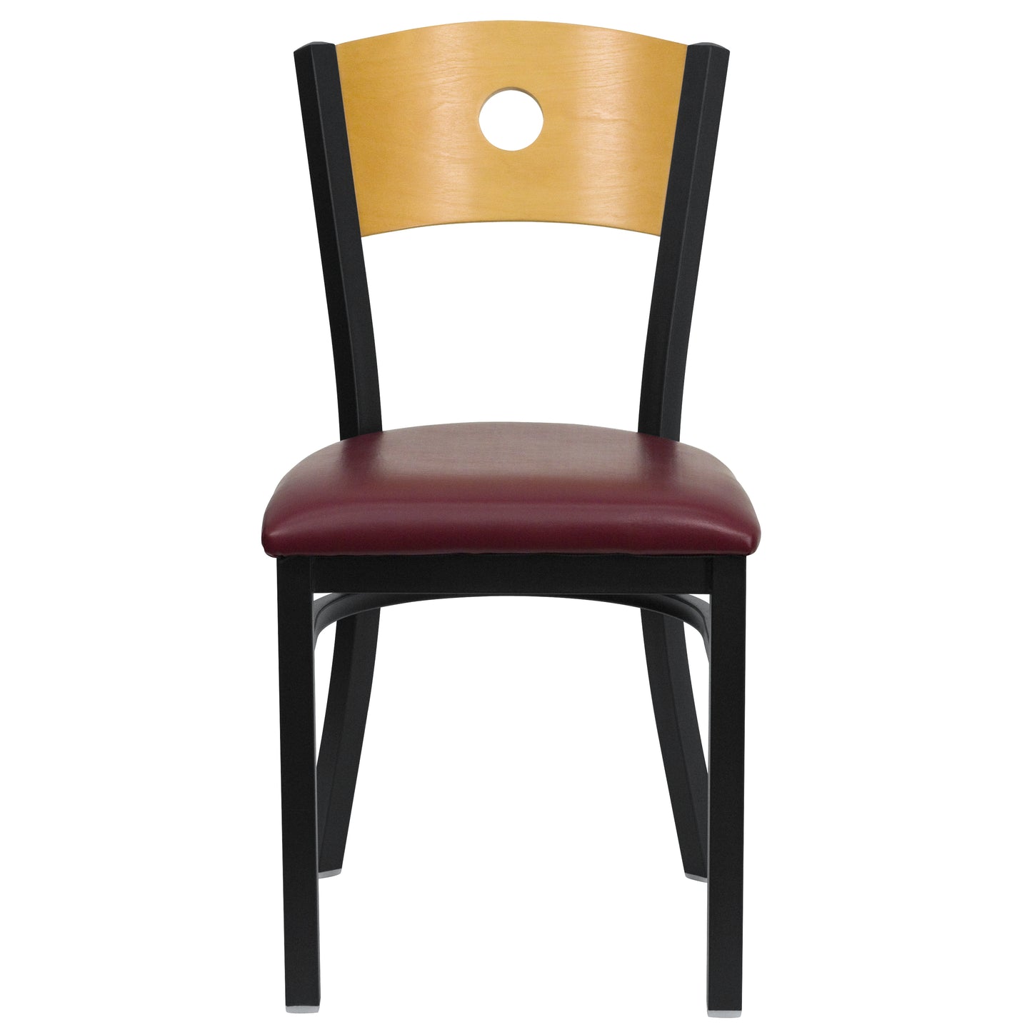 HERCULES Series Black Circle Back Metal Restaurant Chair - Natural Wood Back, Burgundy Vinyl Seat Natural Wood Back/Burgundy Vinyl Seat/Black Metal Frame