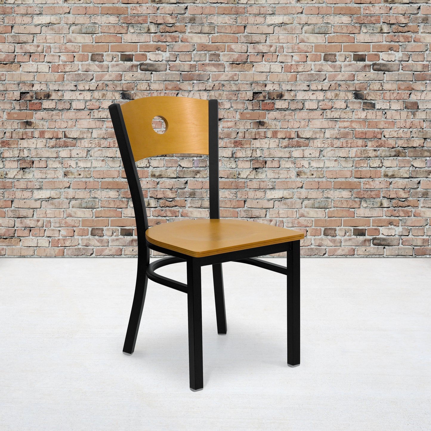 HERCULES Series Black Circle Back Metal Restaurant Chair - Natural Wood Back & Seat Natural Wood Back/Natural Wood Seat/Black Metal Frame