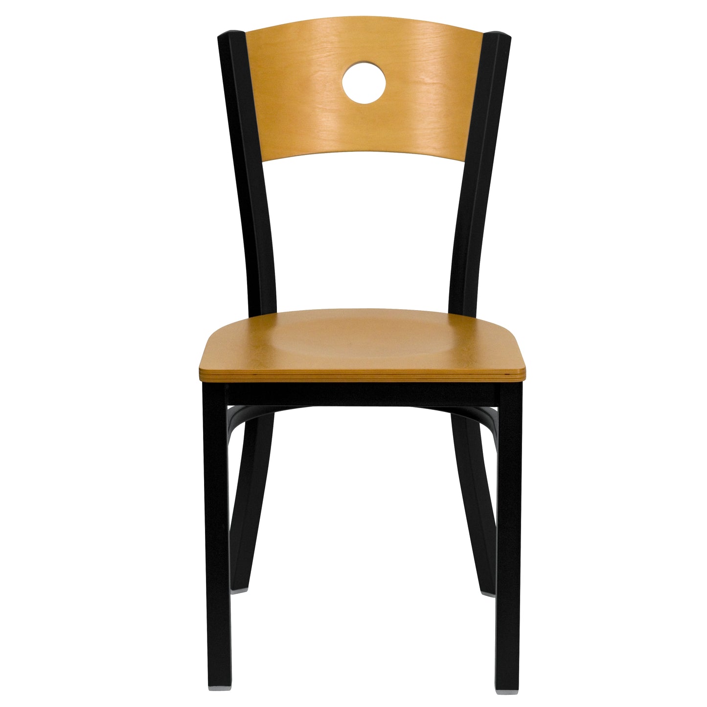 HERCULES Series Black Circle Back Metal Restaurant Chair - Natural Wood Back & Seat Natural Wood Back/Natural Wood Seat/Black Metal Frame