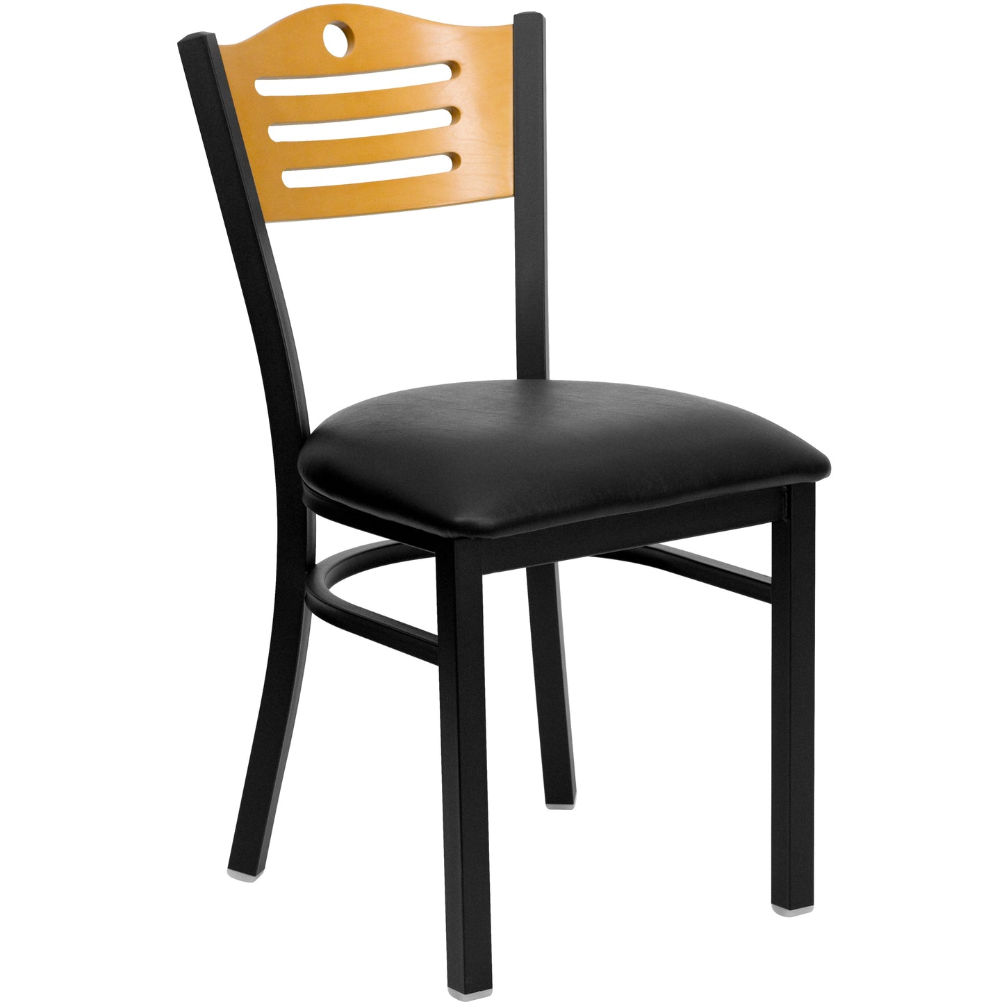 HERCULES Series Black Slat Back Metal Restaurant Chair - Natural Wood Back, Black Vinyl Seat Natural Wood Back/Black Vinyl Seat/Black Metal Frame