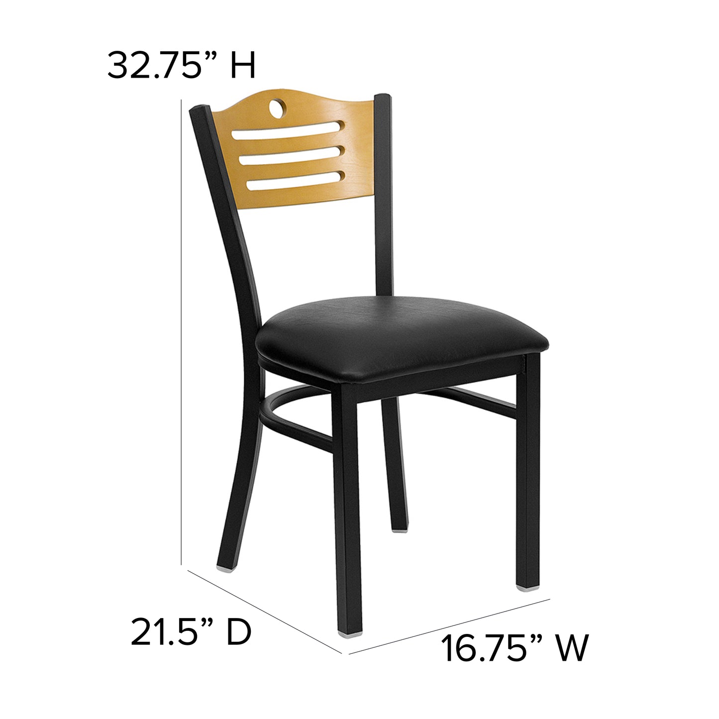 HERCULES Series Black Slat Back Metal Restaurant Chair - Natural Wood Back, Black Vinyl Seat Natural Wood Back/Black Vinyl Seat/Black Metal Frame