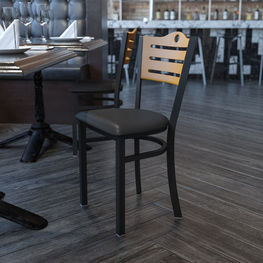 HERCULES Series Black Slat Back Metal Restaurant Chair - Natural Wood Back, Black Vinyl Seat Natural Wood Back/Black Vinyl Seat/Black Metal Frame