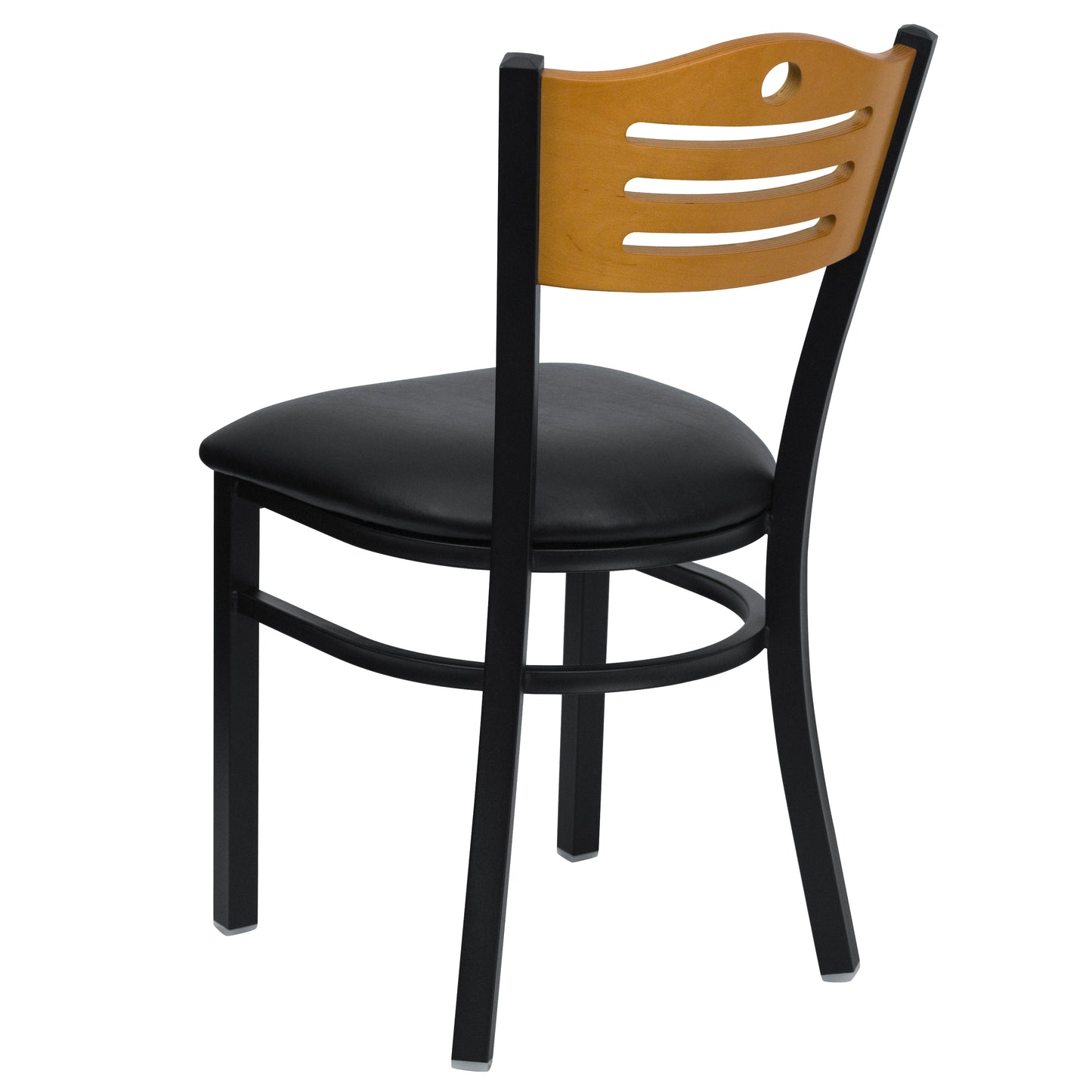 HERCULES Series Black Slat Back Metal Restaurant Chair - Natural Wood Back, Black Vinyl Seat Natural Wood Back/Black Vinyl Seat/Black Metal Frame