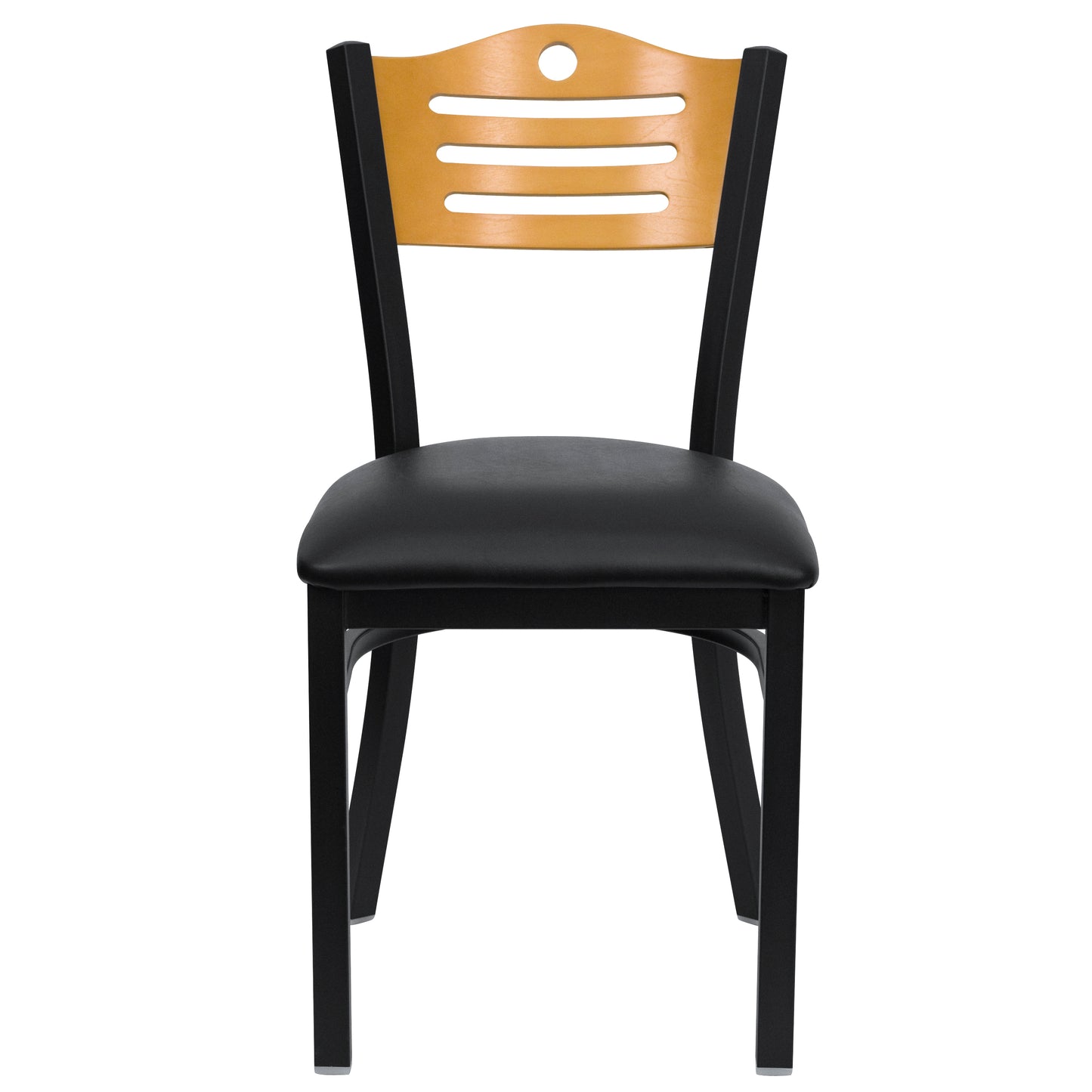 HERCULES Series Black Slat Back Metal Restaurant Chair - Natural Wood Back, Black Vinyl Seat Natural Wood Back/Black Vinyl Seat/Black Metal Frame