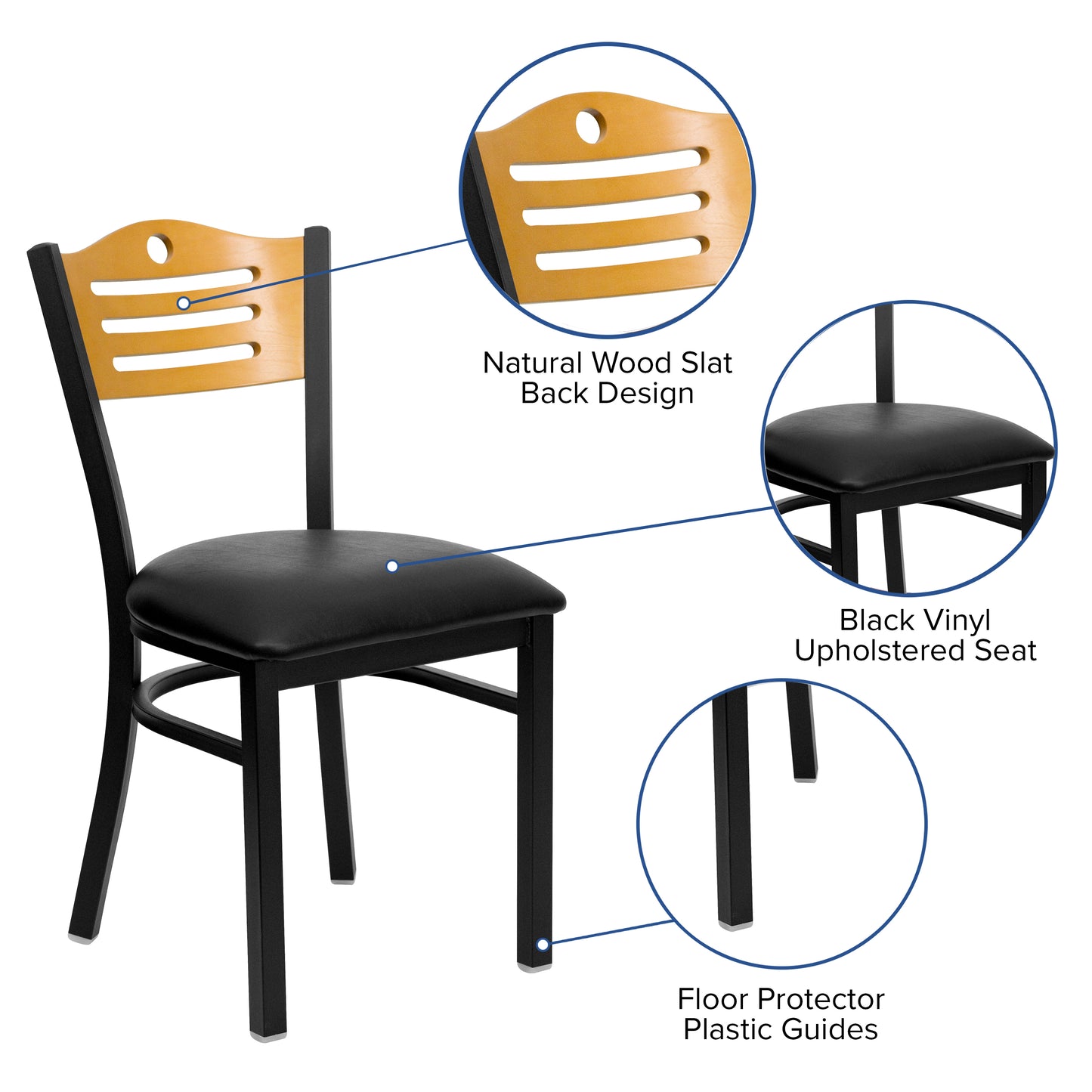 HERCULES Series Black Slat Back Metal Restaurant Chair - Natural Wood Back, Black Vinyl Seat Natural Wood Back/Black Vinyl Seat/Black Metal Frame