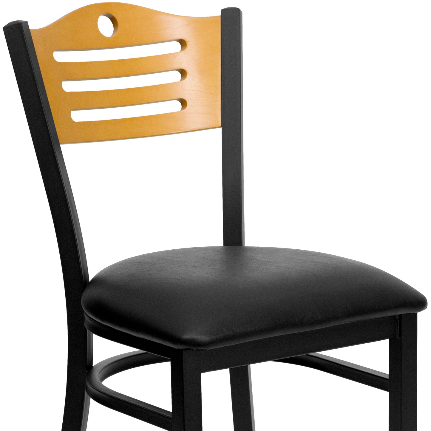 HERCULES Series Black Slat Back Metal Restaurant Chair - Natural Wood Back, Black Vinyl Seat Natural Wood Back/Black Vinyl Seat/Black Metal Frame