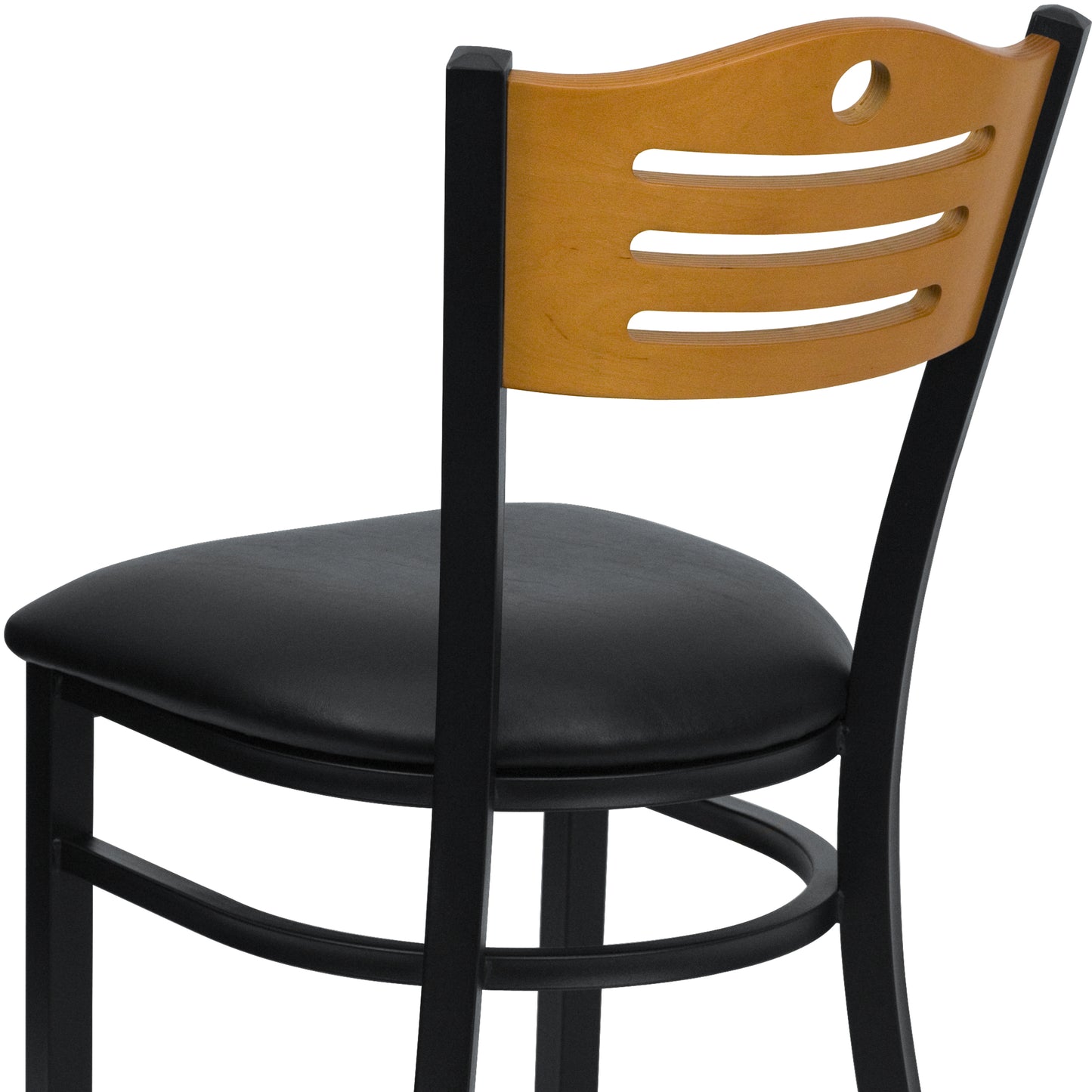HERCULES Series Black Slat Back Metal Restaurant Chair - Natural Wood Back, Black Vinyl Seat Natural Wood Back/Black Vinyl Seat/Black Metal Frame