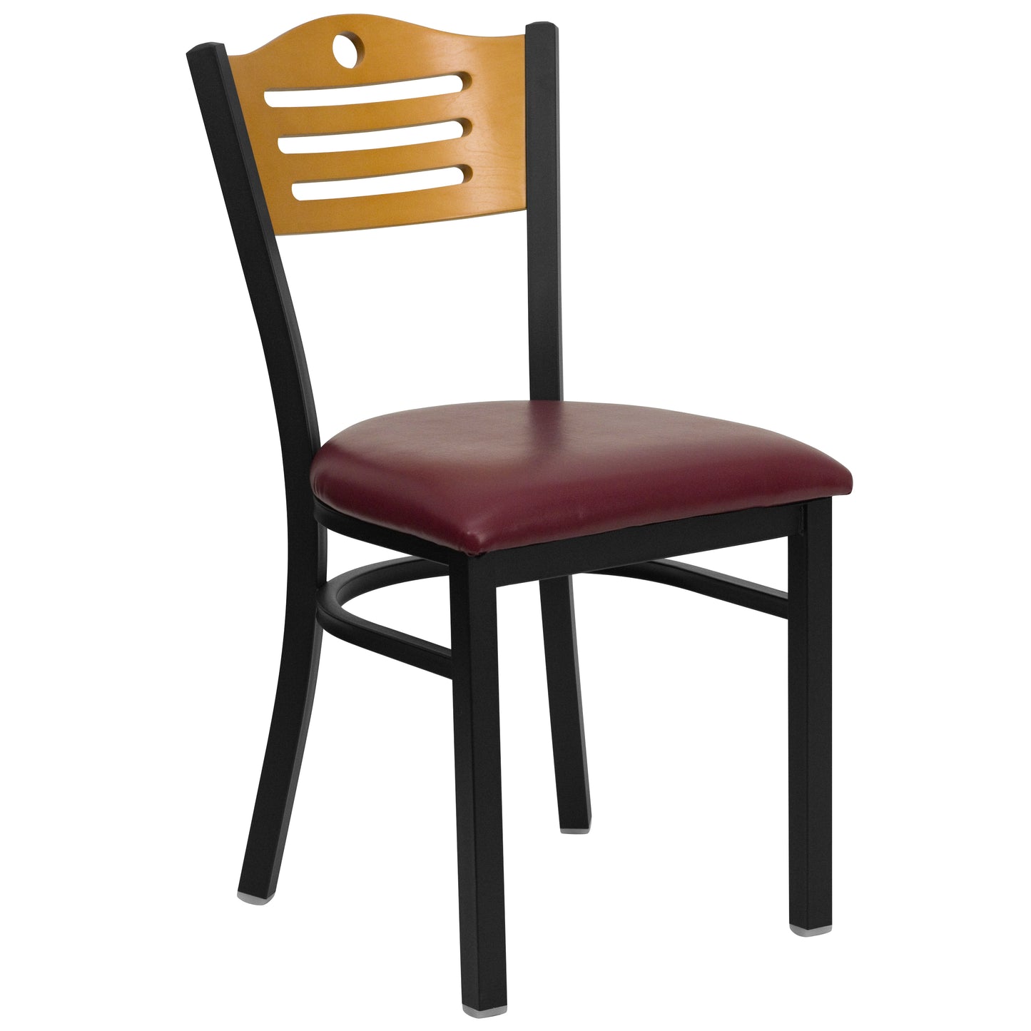 HERCULES Series Black Slat Back Metal Restaurant Chair - Natural Wood Back, Burgundy Vinyl Seat Natural Wood Back/Burgundy Vinyl Seat/Black Metal Frame