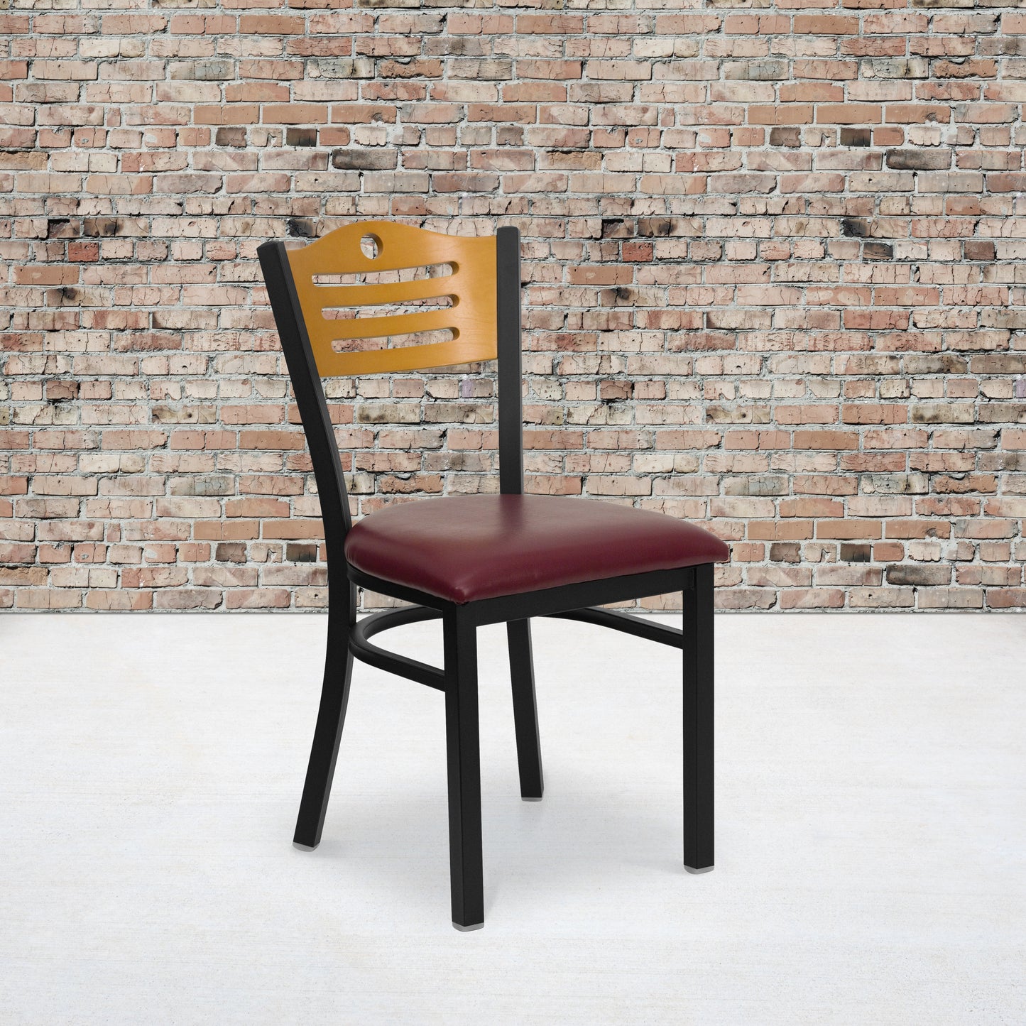 HERCULES Series Black Slat Back Metal Restaurant Chair - Natural Wood Back, Burgundy Vinyl Seat Natural Wood Back/Burgundy Vinyl Seat/Black Metal Frame
