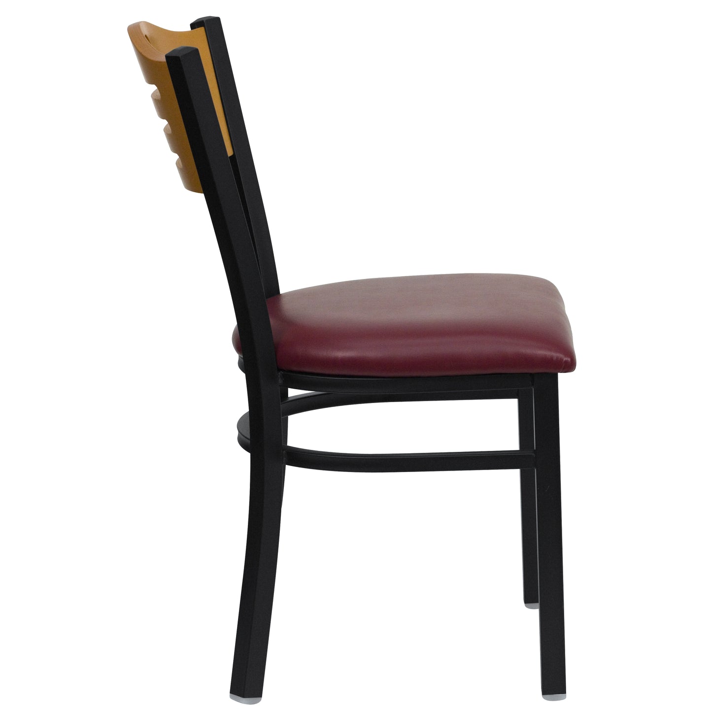 HERCULES Series Black Slat Back Metal Restaurant Chair - Natural Wood Back, Burgundy Vinyl Seat Natural Wood Back/Burgundy Vinyl Seat/Black Metal Frame