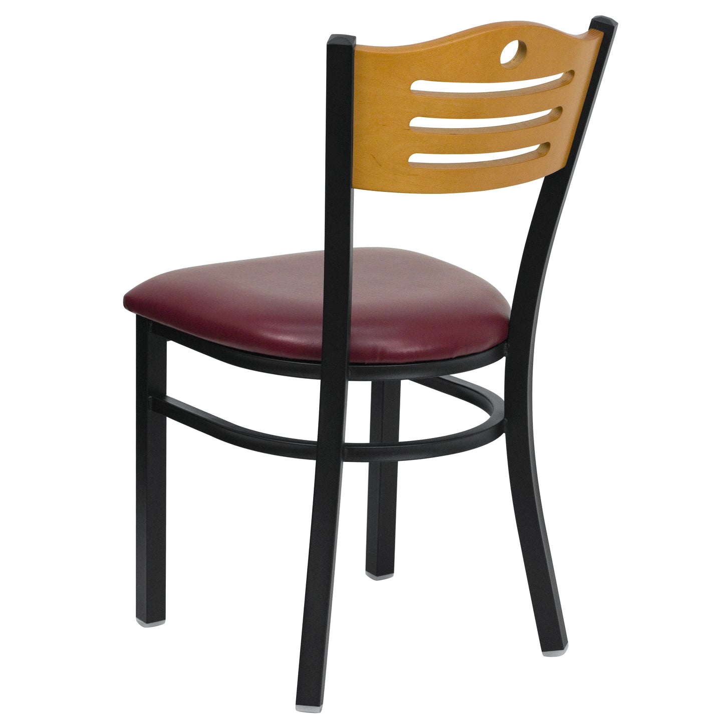 HERCULES Series Black Slat Back Metal Restaurant Chair - Natural Wood Back, Burgundy Vinyl Seat Natural Wood Back/Burgundy Vinyl Seat/Black Metal Frame