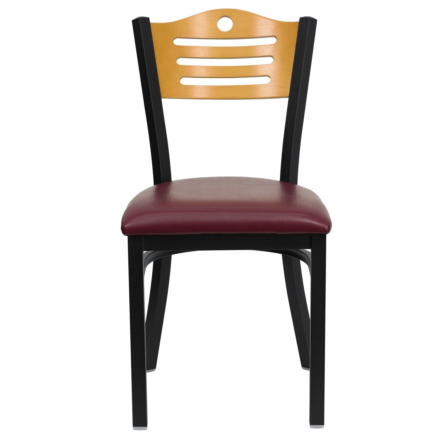 HERCULES Series Black Slat Back Metal Restaurant Chair - Natural Wood Back, Burgundy Vinyl Seat Natural Wood Back/Burgundy Vinyl Seat/Black Metal Frame