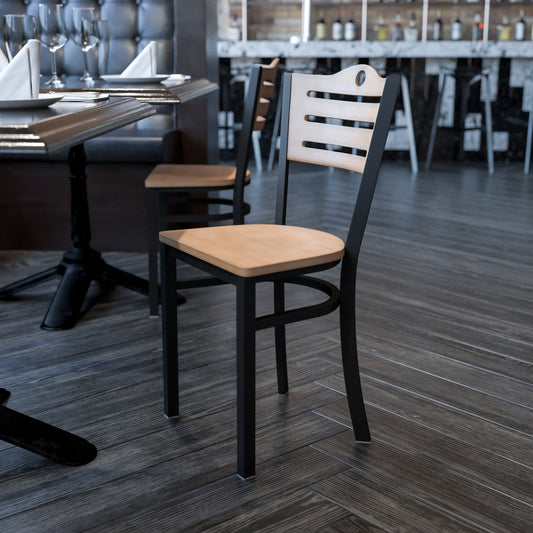 HERCULES Series Black Slat Back Metal Restaurant Chair - Natural Wood Back & Seat Natural Wood Back/Natural Wood Seat/Black Metal Frame
