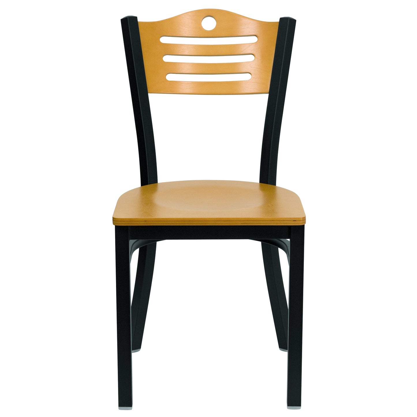 HERCULES Series Black Slat Back Metal Restaurant Chair - Natural Wood Back & Seat Natural Wood Back/Natural Wood Seat/Black Metal Frame